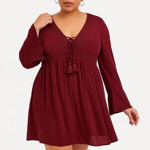 Torrid NWT Womens 1X Burgundy Boho Crochet Lace Bell Sleeve V-Neck Mini Dress